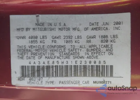 2001 Mitsubishi Eclipse Spyder Gt из США, поврежденный, VIN 4A3AE85H31E230085